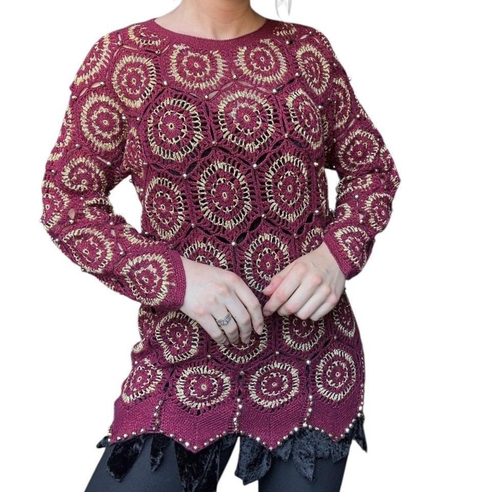 burgundy knitted sweater with gold beaded pattern, crochet vintage whimsy goth